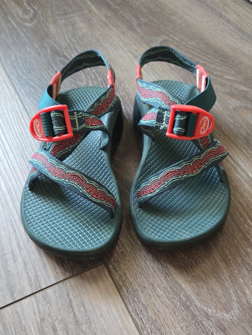 Chaco Green Sandals with Coral Accent Buckles
